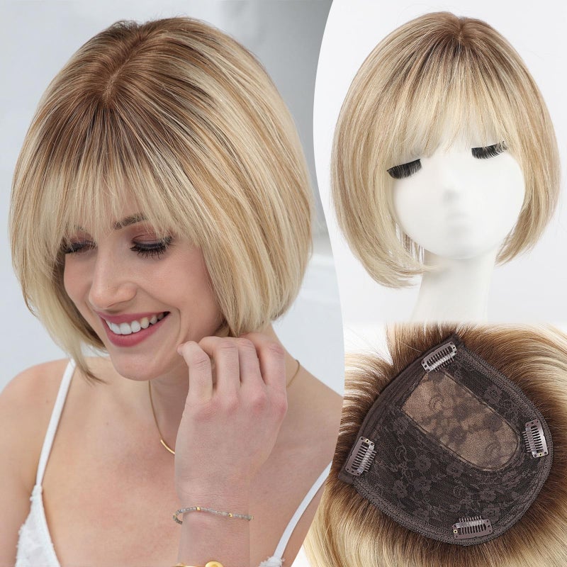 EMMOR Human Hair Toppers for Women Short Bob Real Hair with Bangs 10 Side Part Hairpieces for Women with Thin Hair 65  65 Larger Base Human Wig ToppersOmbre Blonde  Brown Highlight